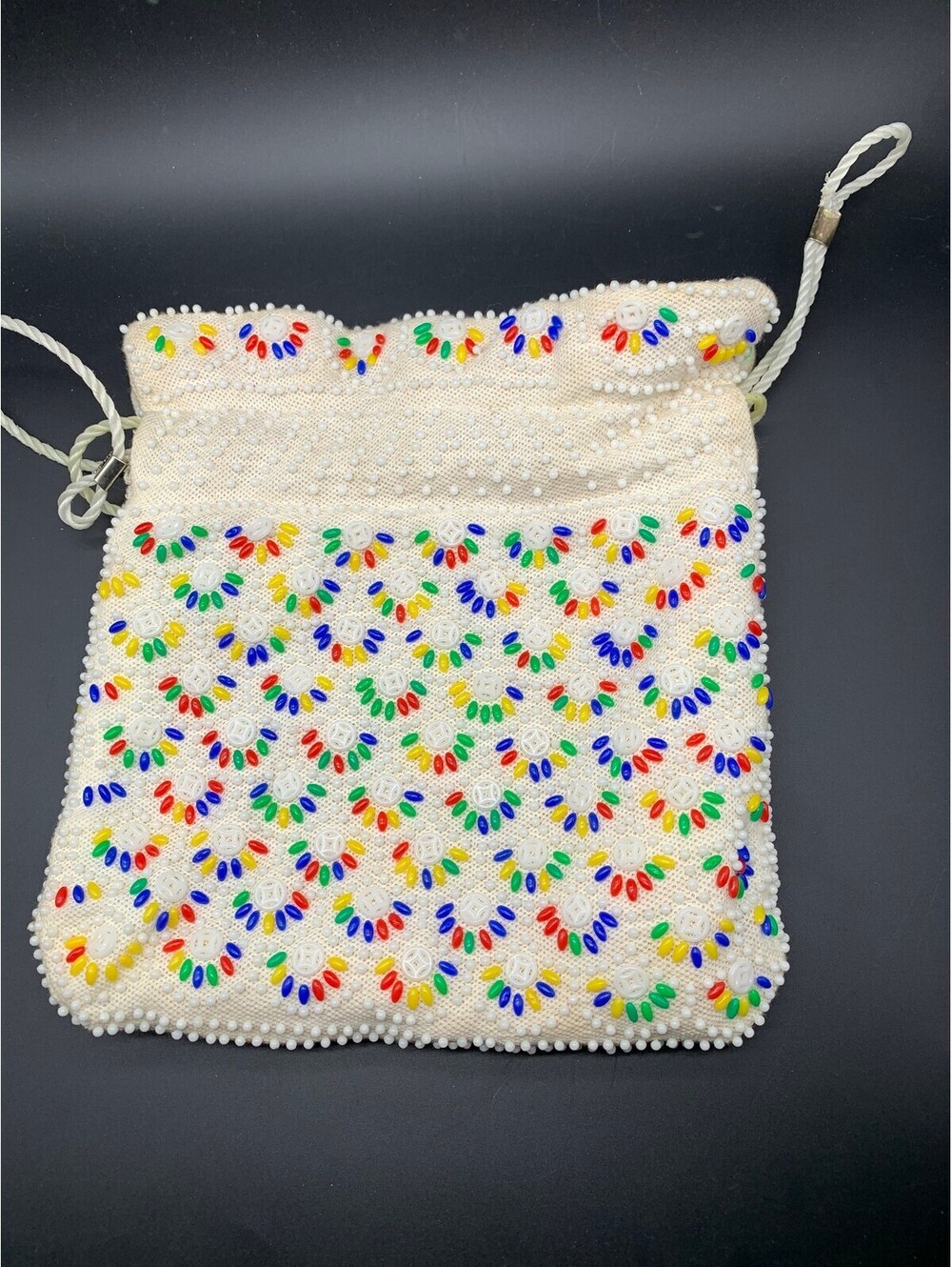 Vintage Handmade Beaded Drawstring Bag with Colorful Beads Reversable